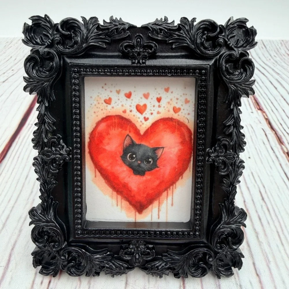 Miniature Black Cat Heart Art Print Ornate Black Resin Frame Decoupage